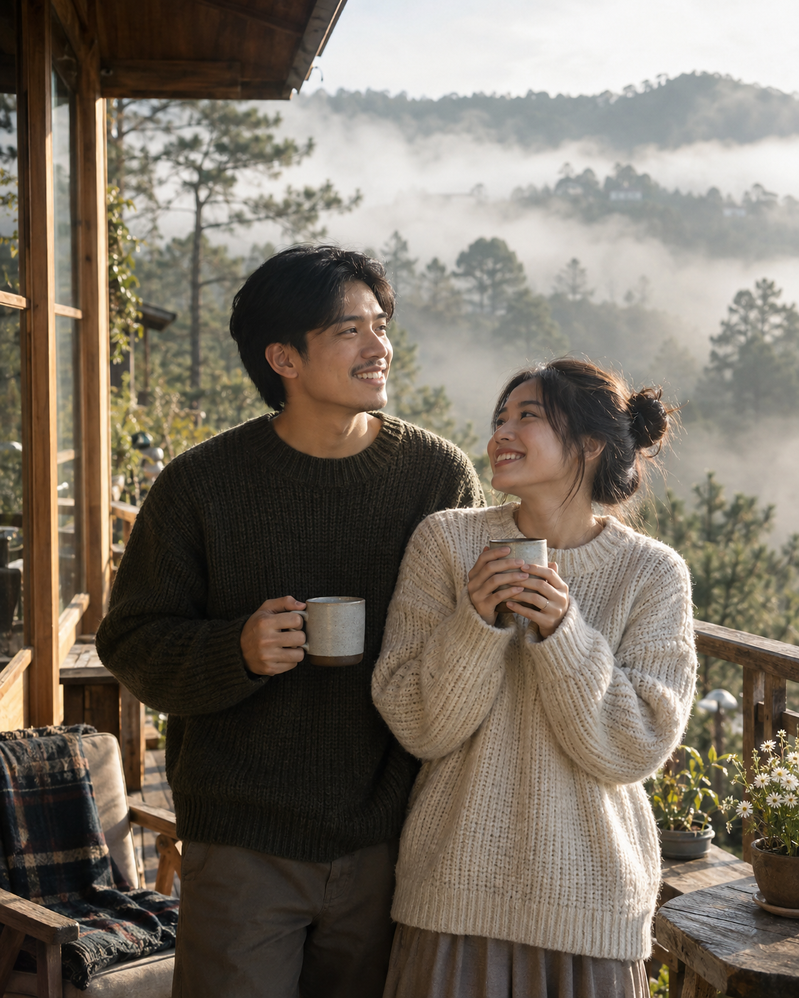 Vợ chồng chủ nhà Nhà Trên Mây trên hiên, buổi sáng sương, cầm ly ấm nhìn ra thung lũng